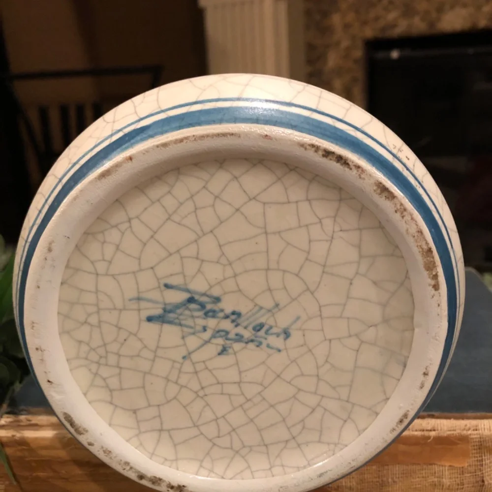 Large Benlloch Spanish Pitcher Vase Crackle Glaze Blue White 13.5 Inches Tall - Picture 8 of 8